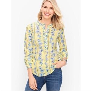 Talbots Womens Yellow Floral Stripe Ruffle Neck Button Front Blouse Size‎ Medium